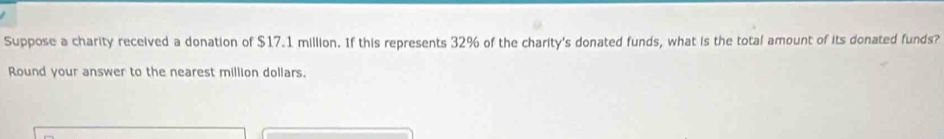 Suppose a charity received a donation of $17.1 million. If this represents 32% of the charity's donated funds, what is the total amount of its donated funds? 
Round your answer to the nearest million dollars.