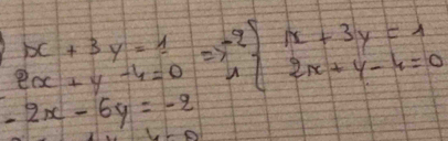 beginarrayr x+3y=1 ex+y-6=0endarray.  Rightarrow beginarrayr -2 1endarray beginarrayl x+3y=1 2x+y-4=0endarray
2x-6y=-2