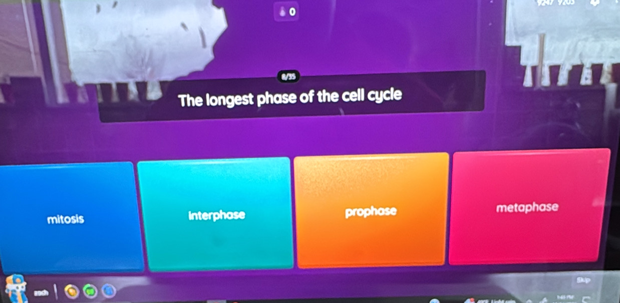 The longest phase of the cell cycle
mitosis interphase prophase metaphase