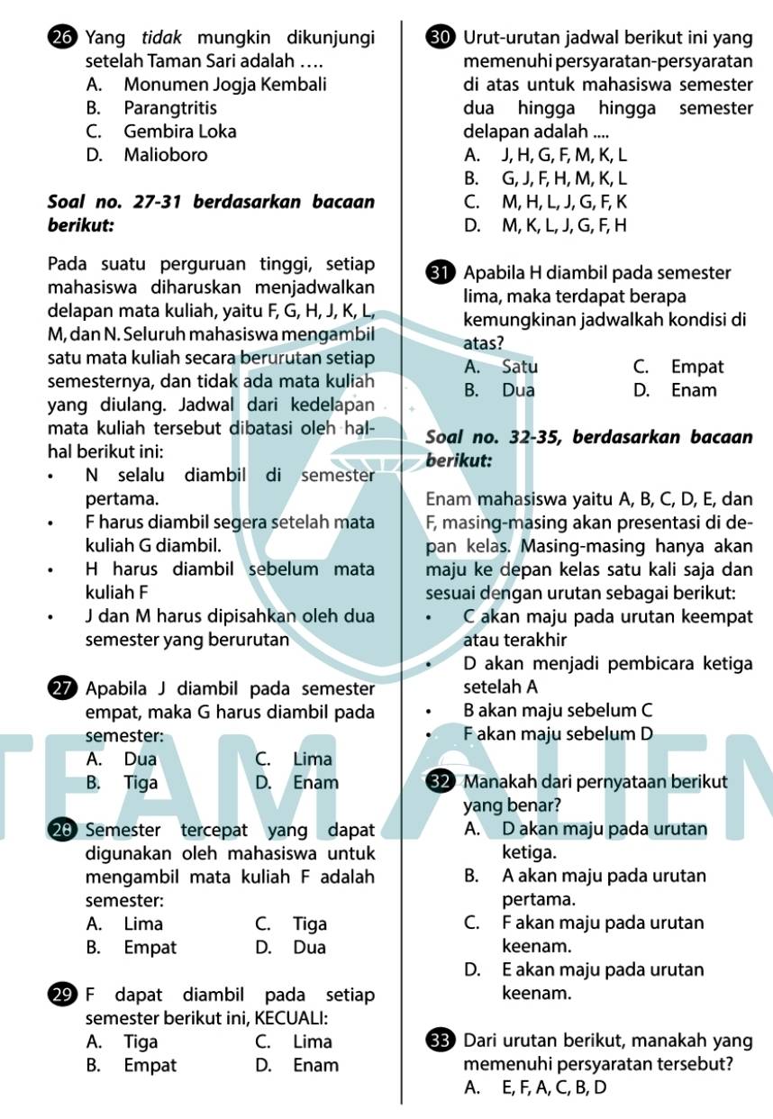 Yang tidak mungkin dikunjungi 80 Urut-urutan jadwal berikut ini yang
setelah Taman Sari adalah …. memenuhi persyaratan-persyaratan
A. Monumen Jogja Kembali di atas untuk mahasiswa semester
B. Parangtritis dua hingga hingga semester
C. Gembira Loka delapan adalah ....
D. Malioboro A. J, H, G, F, M, K, L
B. G, J, F, H, M, K, L
Soal no. 27-31 berdasarkan bacaan C. M, H, L, J, G, F, K
berikut: D. M, K, L, J, G, F, H
Pada suatu perguruan tinggi, setiap 81 Apabila H diambil pada semester
mahasiswa diharuskan menjadwalkan lima, maka terdapat berapa
delapan mata kuliah, yaitu F, G, H, J, K, L, kemungkinan jadwalkah kondisi di
M, dan N. Seluruh mahasiswa mengambil atas?
satu mata kuliah secara berurutan setiap A. Satu C. Empat
semesternya, dan tidak ada mata kuliah B. Dua D. Enam
yang diulang. Jadwal dari kedelapan
mata kuliah tersebut dibatasi oleh hal- Soal no. 32-35, berdasarkan bacaan
hal berikut ini: berikut:
N selalu diambil di semester
pertama. Enam mahasiswa yaitu A, B, C, D, E, dan
F harus diambil segera setelah mata F, masing-masing akan presentasi di de-
kuliah G diambil. pan kelas. Masing-masing hanya akan
H harus diambil sebelum mata maju ke depan kelas satu kali saja dan
kuliah F sesuai dengan urutan sebagai berikut:
J dan M harus dipisahkan oleh dua C akan maju pada urutan keempat
semester yang berurutan atau terakhir
D akan menjadi pembicara ketiga
27 Apabila J diambil pada semester setelah A
empat, maka G harus diambil pada B akan maju sebelum C
semester: F akan maju sebelum D
A. Dua C. Lima
B. Tiga D. Enam 32 Manakah dari pernyataan berikut
yang benar?
20 Semester tercepat yang dapat A. D akan maju pada urutan
digunakan oleh mahasiswa untuk ketiga.
mengambil mata kuliah F adalah B. A akan maju pada urutan
semester: pertama.
A. Lima C. Tiga C. F akan maju pada urutan
B. Empat D. Dua keenam.
D. E akan maju pada urutan
29 F dapat diambil pada setiap keenam.
semester berikut ini, KECUALI:
A. Tiga C. Lima 83 Dari urutan berikut, manakah yang
B. Empat D. Enam memenuhi persyaratan tersebut?
A. E, F, A, C, B, D