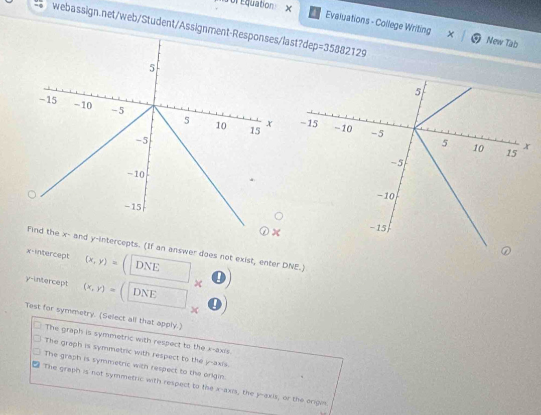 of Équation ×
webassign.net/web/Student/Assignmenast?dep ep=35882129 
Evaluations - College Writing New Tab

①×
the x - and y-intercepts. (If an answer does not exist, enter DNE.)
x-intercept (x,y)= DNE
x
y-intercept (x,y)= DNE
x
Test for symmetry. (Select all that apply.)
The graph is symmetric with respect to the x-axis.
The graph is symmetric with respect to the y-axis.
The graph is symmetric with respect to the origin.
The graph is not symmetric with respect to the x-axis, the y-axis, or the origin.