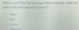 Which word from the passage best explains what the
web in the passage symbolizes?
ruses
time
happy
weavinn