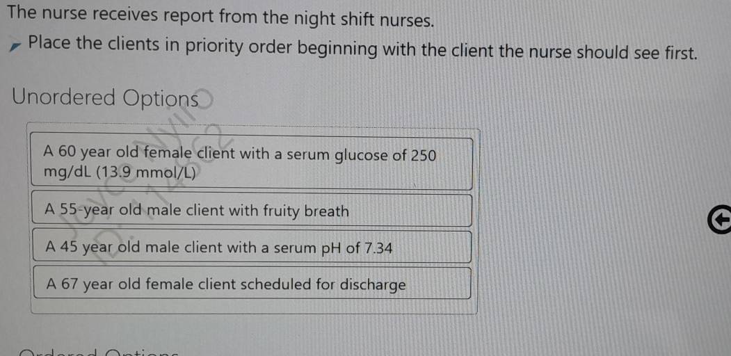 The nurse receives report from the night shift nurses.
Place the clients in priority order beginning with the client the nurse should see first.
Unordered Options
A 60 year old female client with a serum glucose of 250
mg/dL (13.9 mmol/L)
A 55-year old male client with fruity breath
A 45 year old male client with a serum pH of 7.34
A 67 year old female client scheduled for discharge