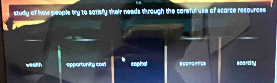 va
study of how people try to satisfy their needs through the careful use of scarce resources
wealth opportunity cost capital economics scarcity