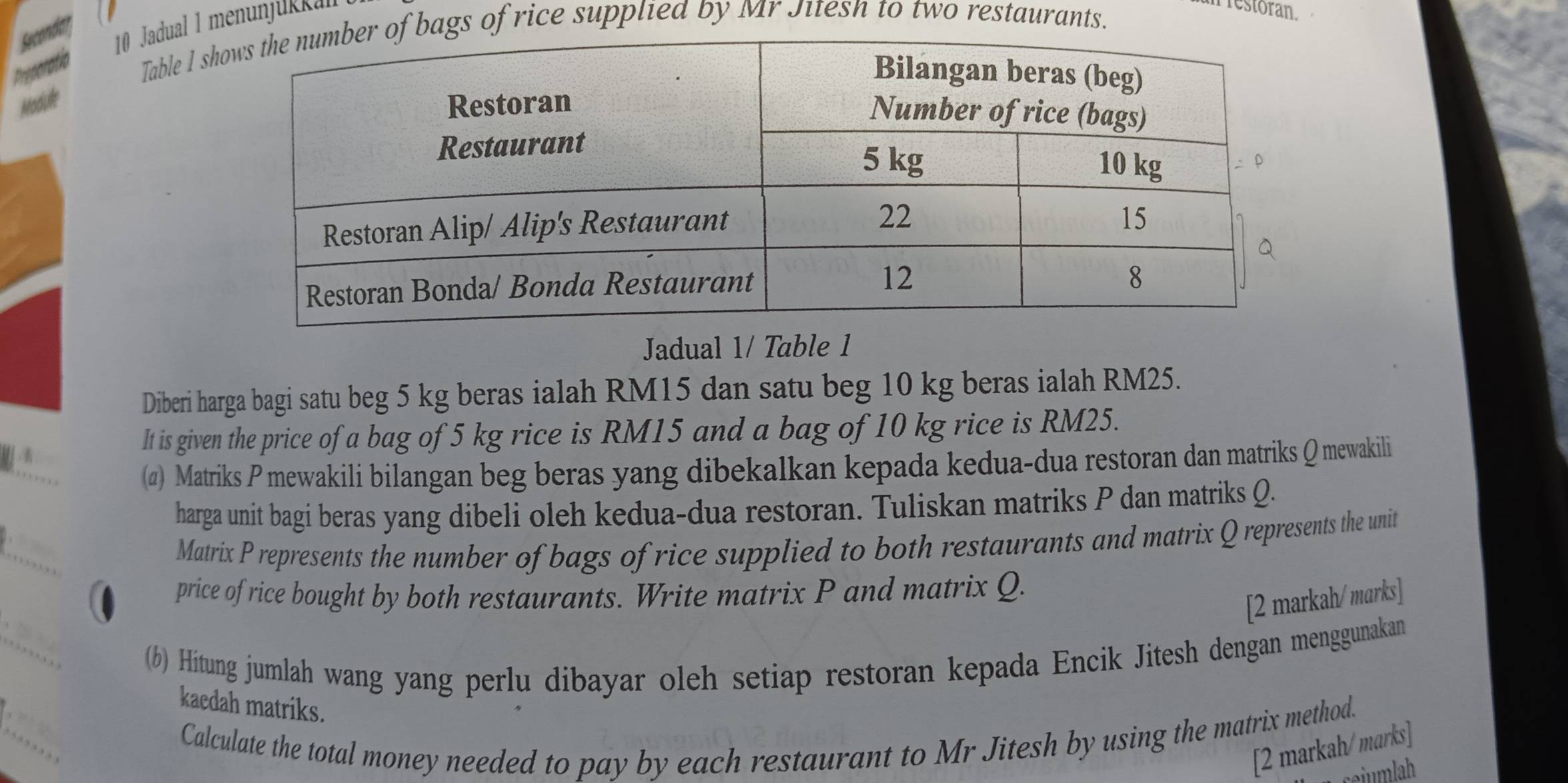 Jadual 1 menunjukku 
in restoran. 
Secondiar 
Presoratio 
Table l sgs of rice supplied by Mr Jitesh to two restaurants. 
Module 
Jadual 1/ Table 1 
Diberi harga bagi satu beg 5 kg beras ialah RM15 dan satu beg 10 kg beras ialah RM25. 

It is given the price of a bag of 5 kg rice is RM15 and a bag of 10 kg rice is RM25. 
…, … 
(@) Matriks P mewakili bilangan beg beras yang dibekalkan kepada kedua-dua restoran dan matriks Q mewakili 
harga unit bagi beras yang dibeli oleh kedua-dua restoran. Tuliskan matriks P dan matriks Q. 
. 
Matrix P represents the number of bags of rice supplied to both restaurants and matrix Q represents the unit 
price of rice bought by both restaurants. Write matrix P and matrix Q. 
[2 markah/marks] 
,;;,;;;. (6) Hitung jumlah wang yang perlu dibayar oleh setiap restoran kepada Encik Jitesh dengan menggunakan 
kaedah matriks. 
Calculate the total money needed to pay by each restaurant to Mr Jitesh by using the matrix method. 
....... 
[2 markah/marks]