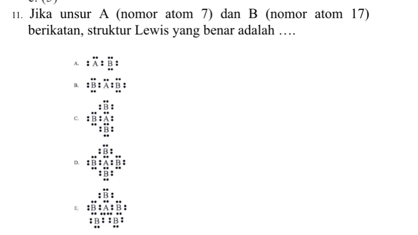 Jika unsur A (nomor atom 7) dan B (nomor atom 17)
berikatan, struktur Lewis yang benar adalah …
A.
B.
C.
D.
E.