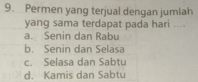 Permen yang terjual dengan jumlah
yang sama terdapat pada hari ....
a. Senin dan Rabu
b. Senin dan Selasa
c. Selasa dan Sabtu
d. Kamis dan Sabtu