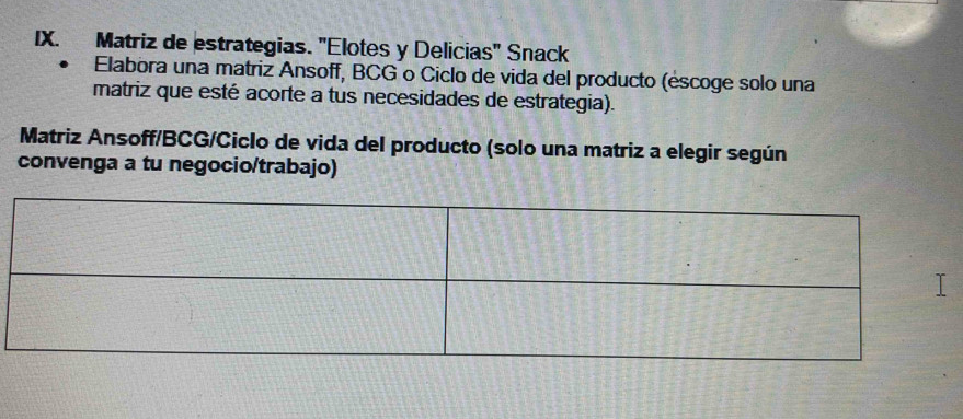 Matriz de estrategias. 'Elotes y Delicias' Snack 
Elabora una matriz Ansoff, BCG o Ciclo de vida del producto (éscoge solo una 
matriz que esté acorte a tus necesidades de estrategia). 
Matriz Ansoff/BCG/Ciclo de vida del producto (solo una matriz a elegir según 
convenga a tu negocio/trabajo)