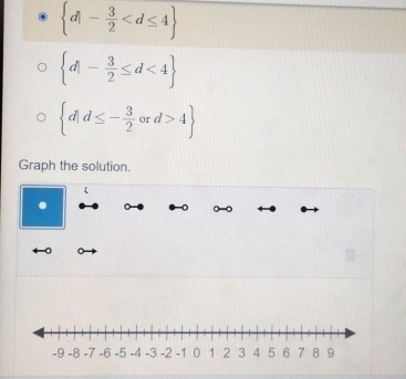  d|- 3/2 
 d|- 3/2 ≤ d<4
 d|d≤ - 3/2 ord>4
Graph the solution. 
.