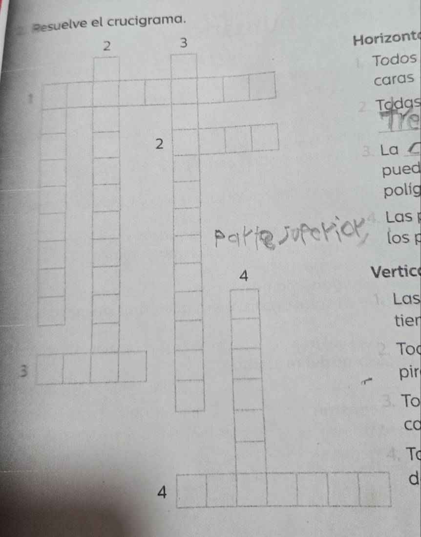 Resuelve el crucigrama. 
2 
3 
Horizont 
1. Todos 
caras 
1 
2. Todas 
_ 
2 
3. La_ 
pued 
polig 
Las 
los p 
A 
Vertic 
Las 
tier 
To 
3 pir 
To 
cd 
T 
d 
4