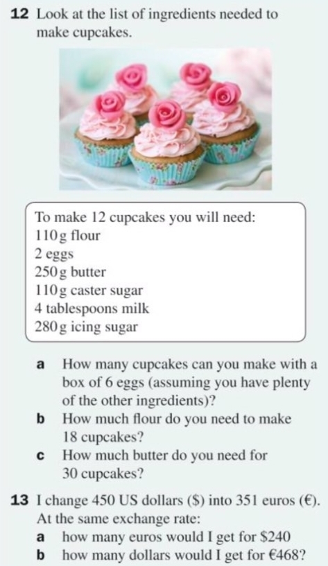 Look at the list of ingredients needed to 
make cupcakes. 
To make 12 cupcakes you will need:
110 g flour
2 eggs
250 g butter
110 g caster sugar
4 tablespoons milk
280 g icing sugar 
a How many cupcakes can you make with a 
box of 6 eggs (assuming you have plenty 
of the other ingredients)? 
b How much flour do you need to make
18 cupcakes? 
c How much butter do you need for
30 cupcakes? 
13 I change 450 US dollars ($) into 351 euros (E). 
At the same exchange rate: 
a how many euros would I get for $240
b how many dollars would I get for €468?