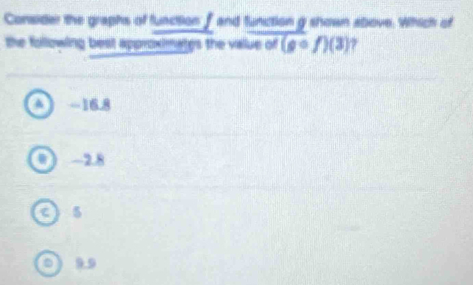 Consider the graphs of function f and function g shown above. Which of
the following best approximates the value of (gcirc f)(3) 7
-16.8
-2.8
c ) 5
9.9