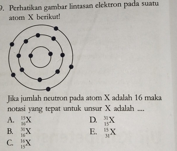 Perhatikan gambar lintasan elektron pada suatu
atom X berikut!
Jika jumlah neutron pada atom X adalah 16 maka
notasi yang tepat untuk unsur X adalah ....
D.
A. 15 31
16
15
B. 31 15
16
E.
31
C. 1