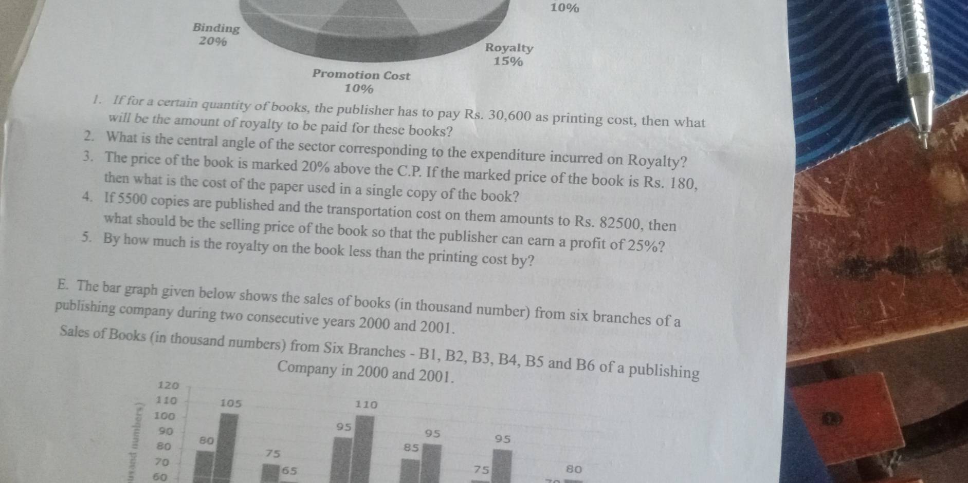 10%
Binding
20% Royalty
15%
Promotion Cost
10%
1. If for a certain quantity of books, the publisher has to pay Rs. 30,600 as printing cost, then what 
will be the amount of royalty to be paid for these books? 
2. What is the central angle of the sector corresponding to the expenditure incurred on Royalty? 
3. The price of the book is marked 20% above the C.P. If the marked price of the book is Rs. 180, 
then what is the cost of the paper used in a single copy of the book? 
4. If 5500 copies are published and the transportation cost on them amounts to Rs. 82500, then 
what should be the selling price of the book so that the publisher can earn a profit of 25%? 
5. By how much is the royalty on the book less than the printing cost by? 
E. The bar graph given below shows the sales of books (in thousand number) from six branches of a 
publishing company during two consecutive years 2000 and 2001. 
Sales of Books (in thousand numbers) from Six Branches - B1, B2, B3, Bublishing 
60