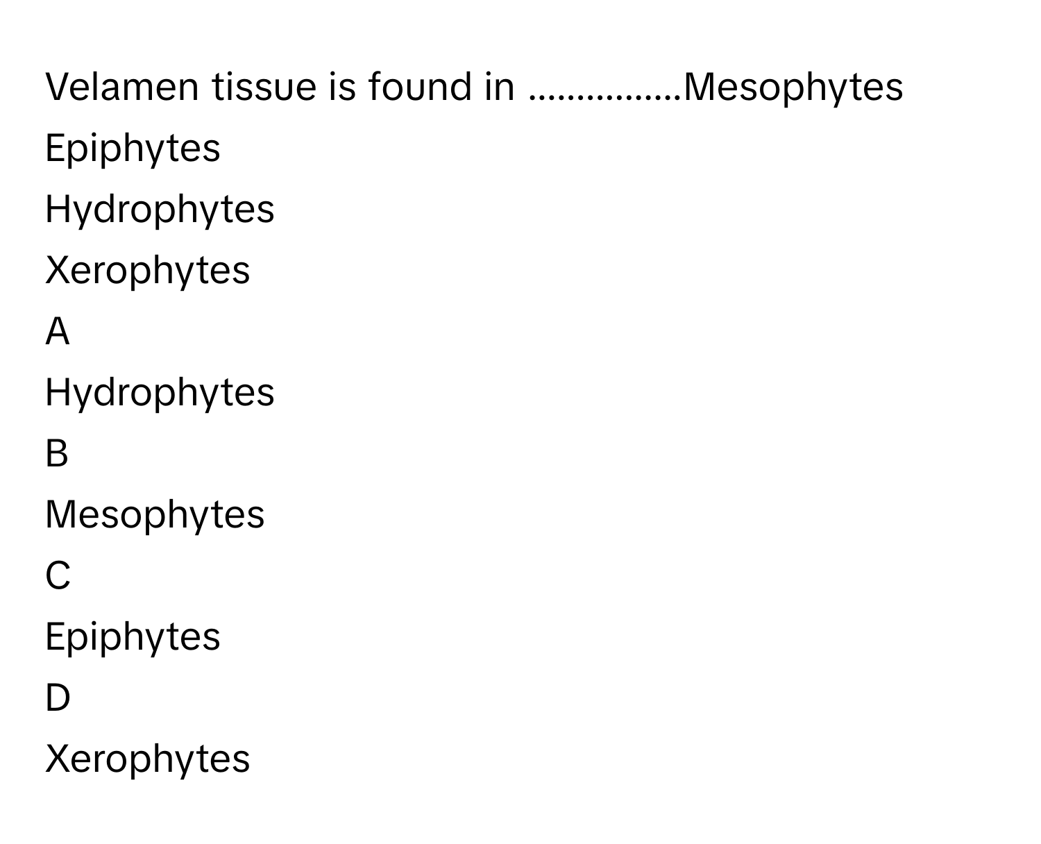 Velamen tissue is found in ................Mesophytes
Epiphytes
Hydrophytes
Xerophytes

A  
Hydrophytes 


B  
Mesophytes 


C  
Epiphytes 


D  
Xerophytes