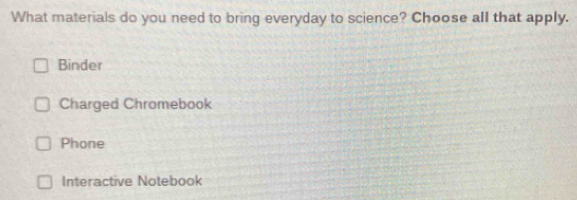 What materials do you need to bring everyday to science? Choose all that apply.
Binder
Charged Chromebook
Phone
Interactive Notebook