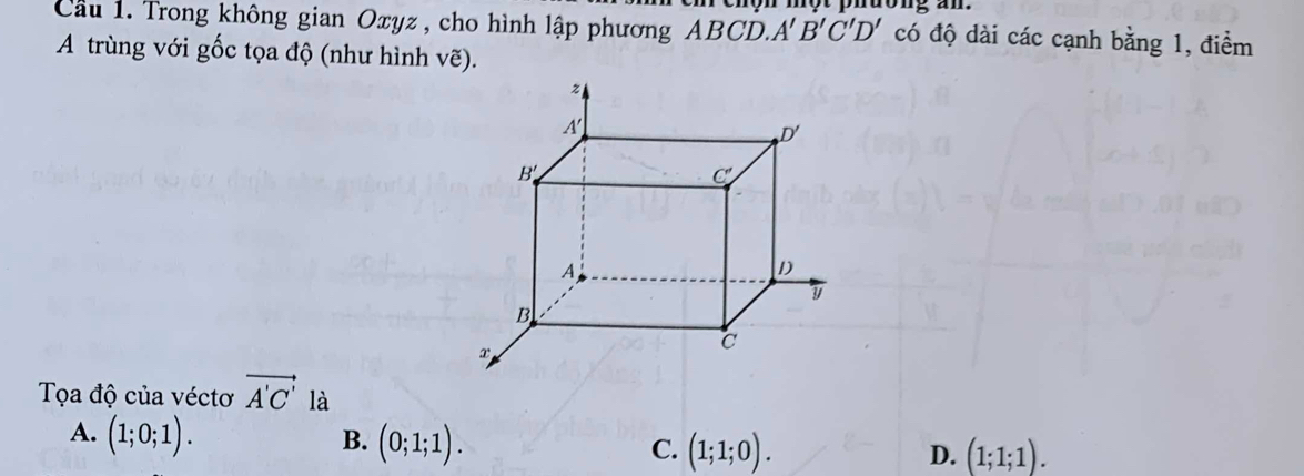 mon mot phuong an.
Cầu 1. Trong không gian Oxyz , cho hình lập phương ABCD. A'B'C'D' có độ dài các cạnh bằng 1, điểm
A trùng với gốc tọa độ (như hình vẽ).
Tọa độ của véctơ vector A'C' là
A. (1;0;1).
B. (0;1;1). (1;1;0).
C.
D. (1;1;1).