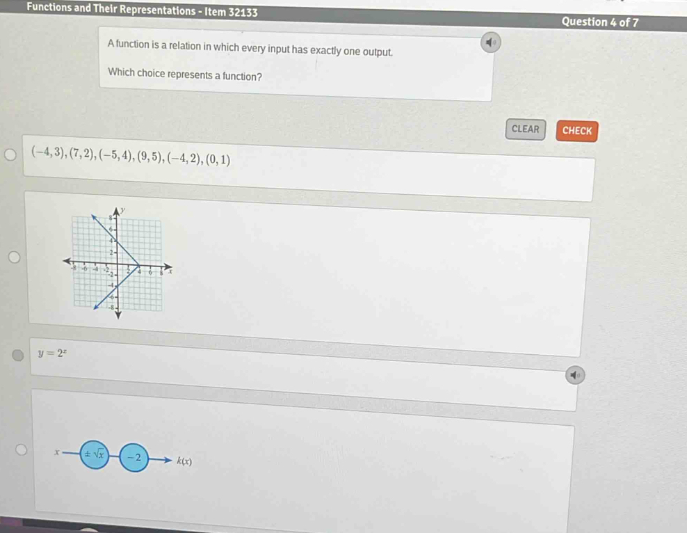 Functions and Their Representations - Item 32133 
Question 4 of 7 
A function is a relation in which every input has exactly one output. 
Which choice represents a function? 
CLEAR CHECK
(-4,3),(7,2),(-5,4),(9,5), (-4,2),(0,1)
y=2^x
x (± sqrt(x) -2 k(x)