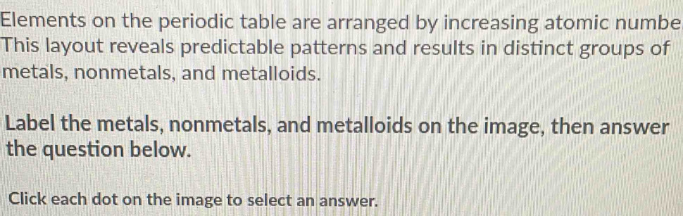 Elements on the periodic table are arranged by increasing atomic numbe 
This layout reveals predictable patterns and results in distinct groups of 
metals, nonmetals, and metalloids. 
Label the metals, nonmetals, and metalloids on the image, then answer 
the question below. 
Click each dot on the image to select an answer.