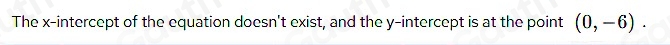 The x-intercept of the equation doesn't exist, and the y-intercept is at the point (0,-6).