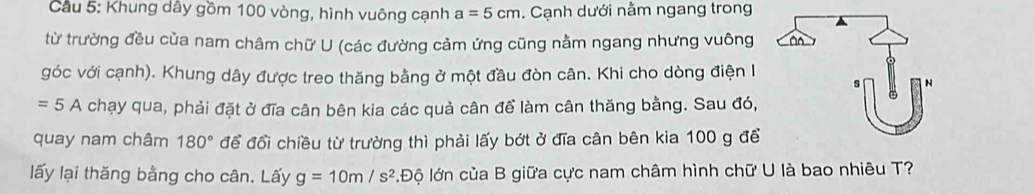 Cầu 5: Khung dây gồm 100 vòng, hình vuông cạnh a=5cm. Cạnh dưới nằm ngang trong 
từ trường đều của nam châm chữ U (các đường cảm ứng cũng nằm ngang nhưng vuông 
góc với cạnh). Khung dây được treo thăng bằng ở một đầu đòn cân. Khi cho dòng điện l
=5A chạy qua, phải đặt ở đĩa cân bên kia các quả cân để làm cân thăng bằng. Sau đó, 
quay nam châm 180° để đổi chiều từ trường thì phải lấy bớt ở đĩa cân bên kia 100 g để 
lấy lại thăng bằng cho cân. Lấy g=10m/s^2 :Độ lớn của B giữa cực nam châm hình chữ U là bao nhiêu T?