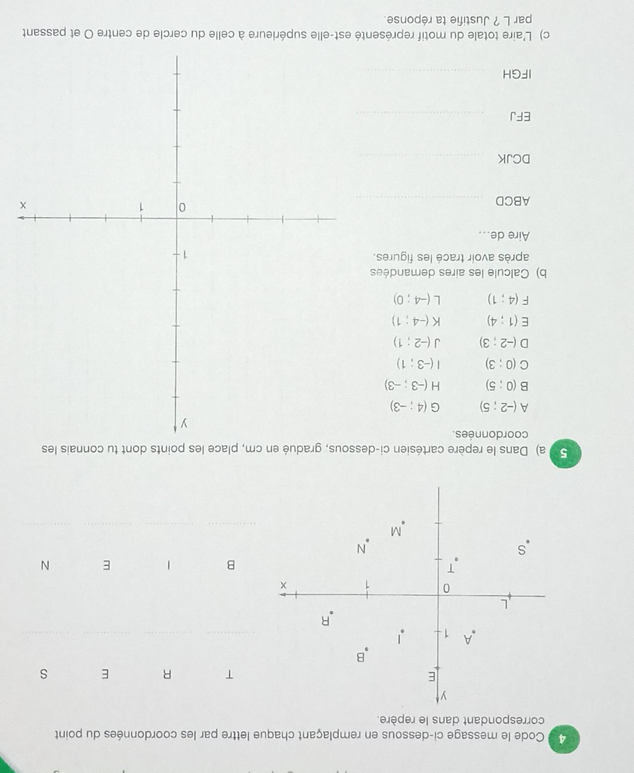 Code le message ci-dessous en remplaçant chaque lettre par les coordonnées du point 
correspondant dans le repère.
T R E S
B 1 E N
5 a) Dans le repère cartésien ci-dessous, gradué en cm, place les points dont tu connais les 
coordonnées.
A(-2;5) G(4;-3)
B(0;5) H(-3;-3)
C(0;3) I(-3;1)
D(-2;3) J(-2;1)
E(1;4) K(-4;1)
F(4;1) L(-4;0)
b) Calcule les aires demandées 
après avoir tracé les figures. 
Aire de...
ABCD _ 
DCJK_
EFJ _ 
IFGH_ 
c) L'aire totale du motif représenté est-elle supérieure à celle du cercle de centre O et passant 
par L ? Justifie ta réponse.