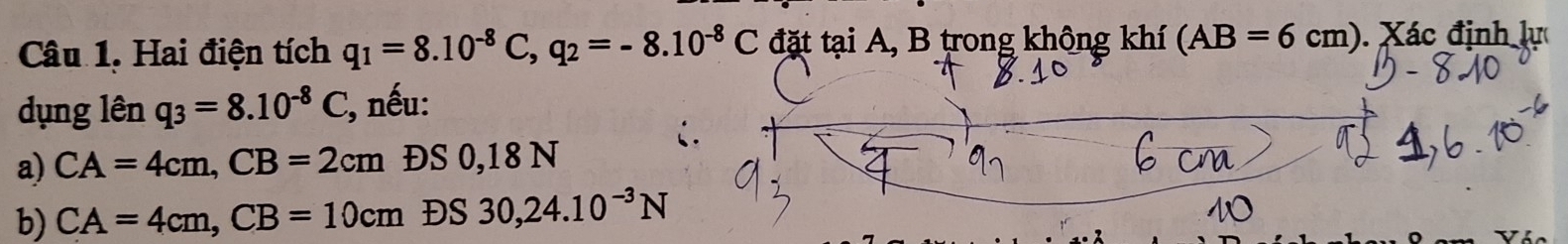 Hai điện tích q_1=8.10^(-8)C, q_2=-8.10^(-8)C đặt tại A, B trong không khí (AB=6cm) ). Xác định lự 
dụng lên q_3=8.10^(-8)C_3 :, nếu: 
a) CA=4cm, CB=2cm ĐS 0,18 N 
b) CA=4cm, CB=10cm ĐS 30, 24.10^(-3)N