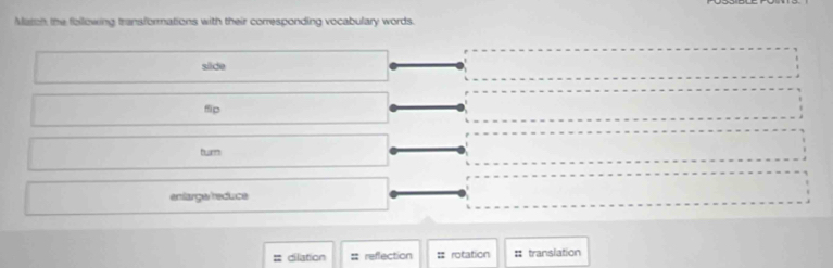 Maron the following transformations with their corresponding vocabulary words. 
slide 
fip 
turn 
enlarge/reduce 
= dilation = reflection = rotation : translation