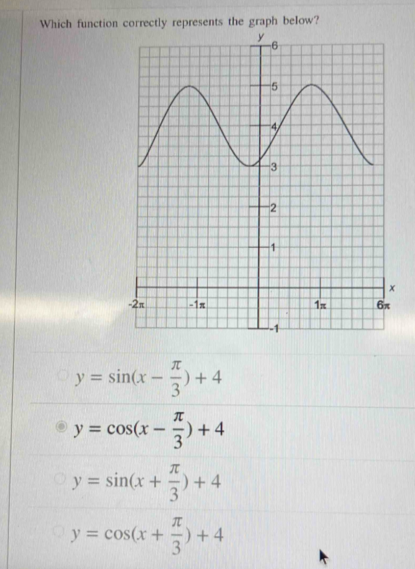 Which function correctly represents the graph below?
y=sin (x- π /3 )+4
y=cos (x- π /3 )+4
y=sin (x+ π /3 )+4
y=cos (x+ π /3 )+4