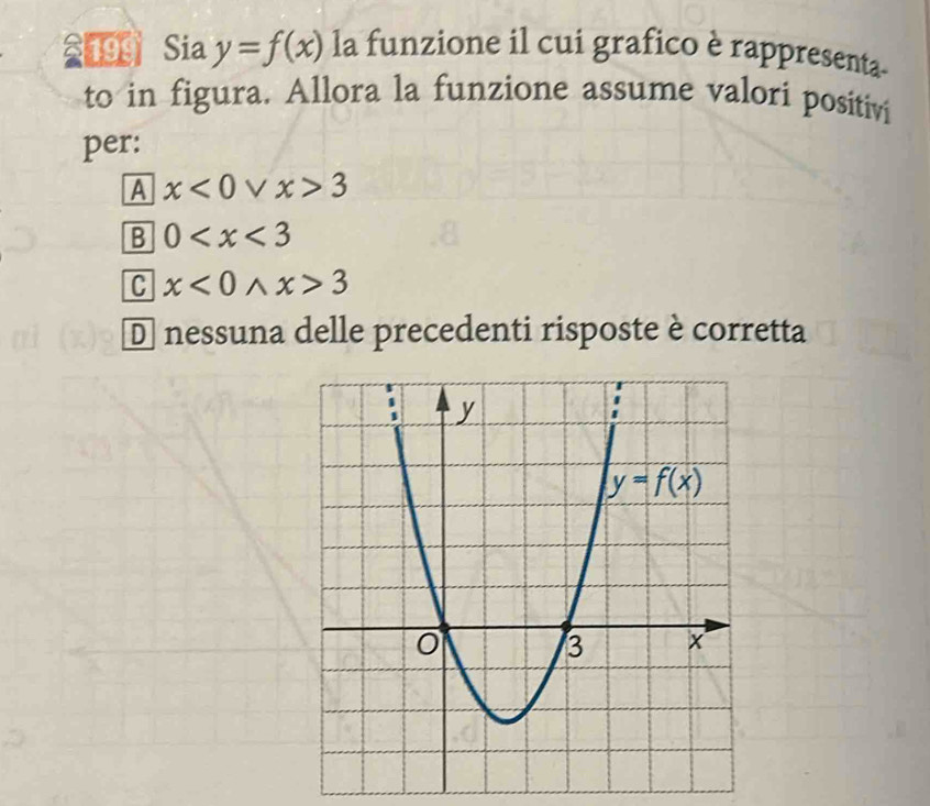 199 Sia y=f(x) la funzione il cui grafico è rappresenta
to in figura. Allora la funzione assume valori positivi
per:
A x<0vee x>3
B 0
C x<0wedge x>3
D nessuna delle precedenti risposte è corretta