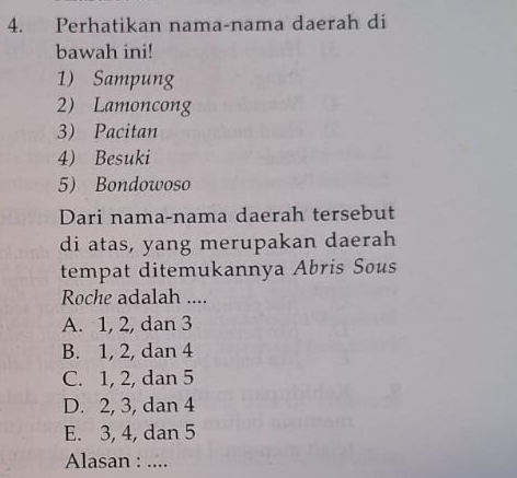 Perhatikan nama-nama daerah di
bawah ini!
1) Sampung
2 Lamoncong
3 Pacitan
4) Besuki
5) Bondowoso
Dari nama-nama daerah tersebut
di atas, yang merupakan daerah
tempat ditemukannya Abris Sous
Roche adalah ....
A. 1, 2, dan 3
B. 1, 2, dan 4
C. 1, 2, dan 5
D. 2, 3, dan 4
E. 3, 4, dan 5
Alasan : ....