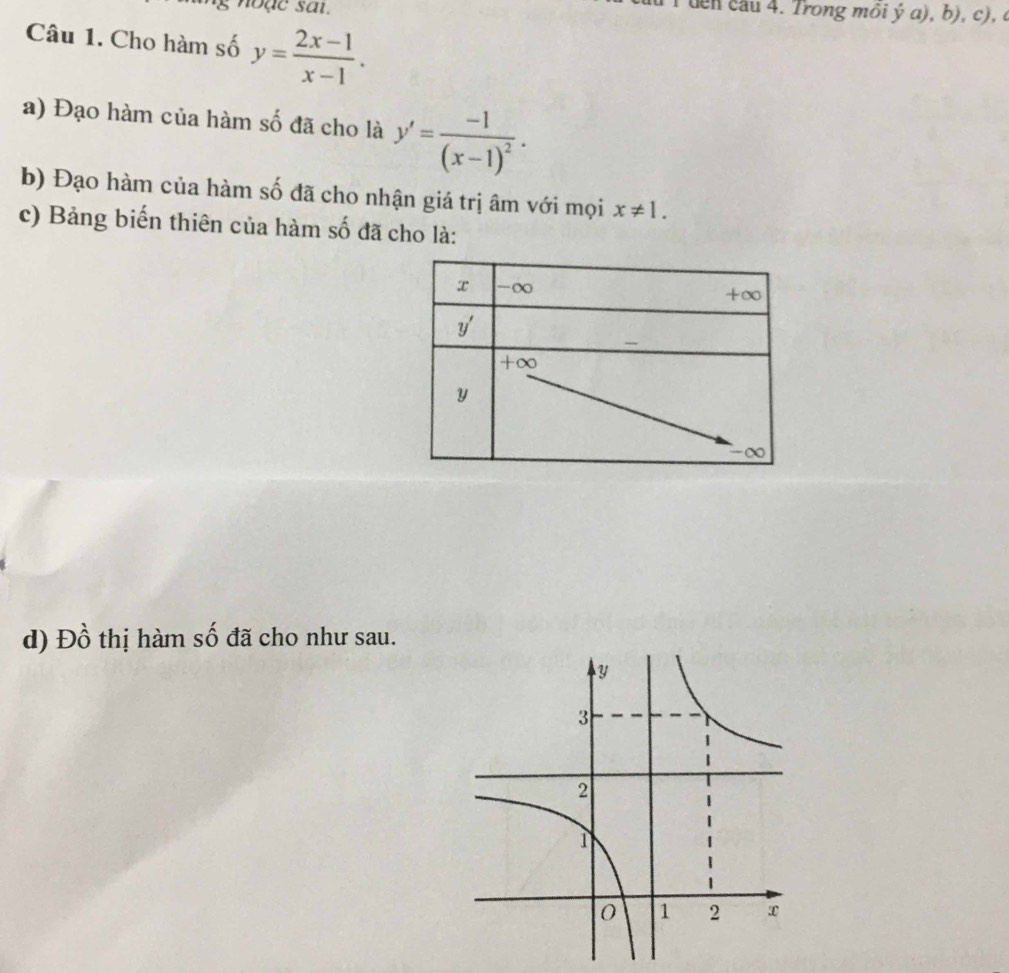 noặe sai. den cau 4. Trong môi ý a), b), c), é
Câu 1. Cho hàm số y= (2x-1)/x-1 .
a) Đạo hàm của hàm số đã cho là y'=frac -1(x-1)^2.
b) Đạo hàm của hàm số đã cho nhận giá trị âm với mọi x!= 1.
c) Bảng biến thiên của hàm số đã cho là:
d) Đồ thị hàm số đã cho như sau.