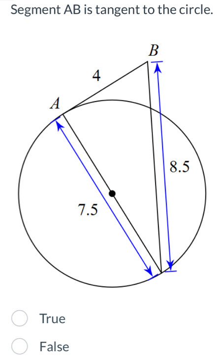 Segment AB is tangent to the circle.
True
False