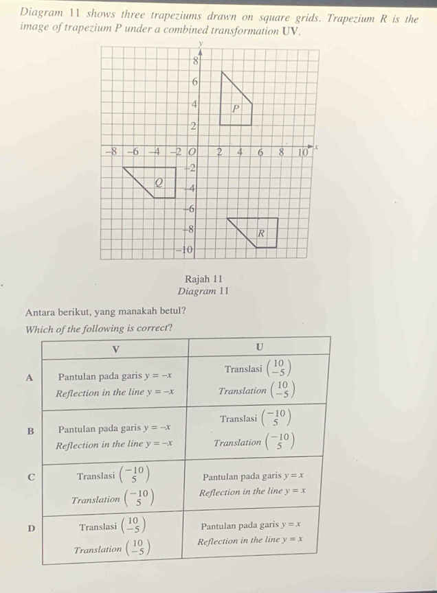 Diagram 11 shows three trapeziums drawn on square grids. Trapezium R is the
Rajah 11
Diagram 11
Antara berikut, yang manakah betul?
correct?