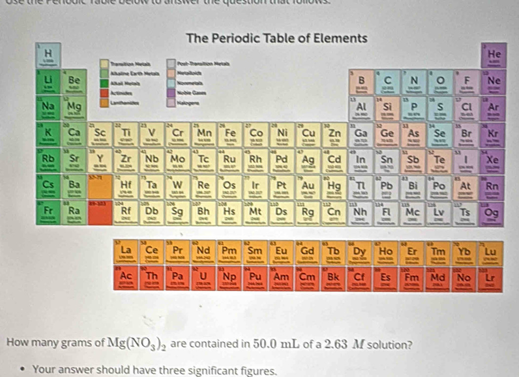 How many grams of Mg(NO_3)_2 are contained in 50.0 mL of a 2.63 M solution? 
Your answer should have three significant figures.