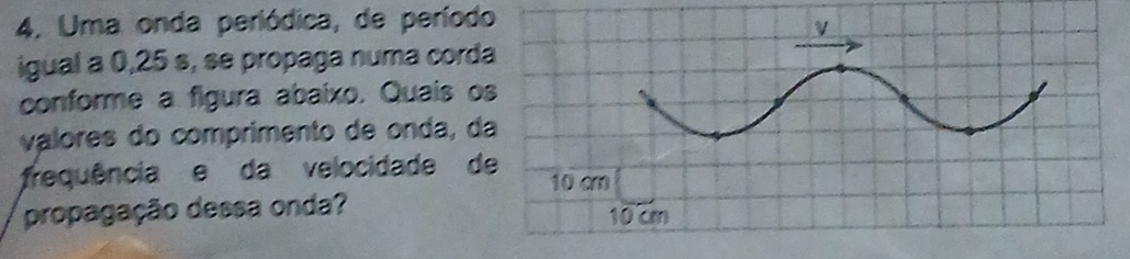 Uma onda periódica, de período 
igual a 0,25 s, se propaga numa cord 
conforme a figura abaixo. Quais o 
valores do comprimento de onda, d 
frequência e da velocidade d 
propagação dessa onda?