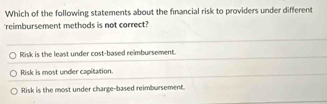 Which of the following statements about the fnancial risk to providers under different
reimbursement methods is not correct?
Risk is the least under cost-based reimbursement.
Risk is most under capitation.
Risk is the most under charge-based reimbursement.