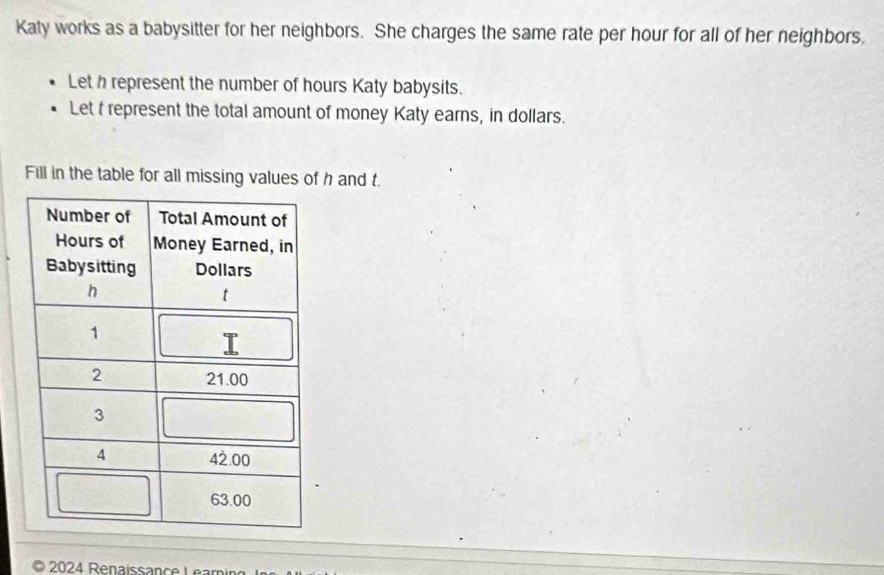 Katy works as a babysitter for her neighbors. She charges the same rate per hour for all of her neighbors. 
Let h represent the number of hours Katy babysits. 
Let t represent the total amount of money Katy earns, in dollars. 
Fill in the table for all missing values of h and t