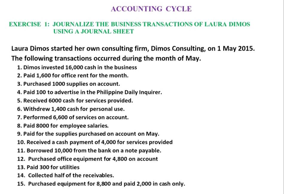 ACCOUNTING CYCLE 
EXERCISE 1: JOURNALIZE THE BUSINESS TRANSACTIONS OF LAURA DIMOS 
USING A JOURNAL SHEET 
Laura Dimos started her own consulting firm, Dimos Consulting, on 1 May 2015. 
The following transactions occurred during the month of May. 
1. Dimos invested 16,000 cash in the business 
2. Paid 1,600 for office rent for the month. 
3. Purchased 1000 supplies on account. 
4. Paid 100 to advertise in the Philippine Daily Inquirer. 
5. Received 6000 cash for services provided. 
6. Withdrew 1,400 cash for personal use. 
7. Performed 6,600 of services on account. 
8. Paid 8000 for employee salaries. 
9. Paid for the supplies purchased on account on May. 
10. Received a cash payment of 4,000 for services provided 
11. Borrowed 10,000 from the bank on a note payable. 
12. Purchased office equipment for 4,800 on account 
13. Paid 300 for utilities 
14. Collected half of the receivables. 
15. Purchased equipment for 8,800 and paid 2,000 in cash only.