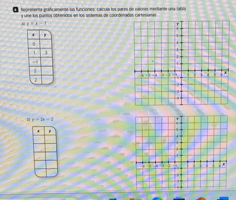 Representa gráficamente las funciones: calcula los pares de valores mediante una tabla
y une los puntos obtenidos en los sistemas de coordenadas cartesianas
a) y=x-1
b) y=2x-2