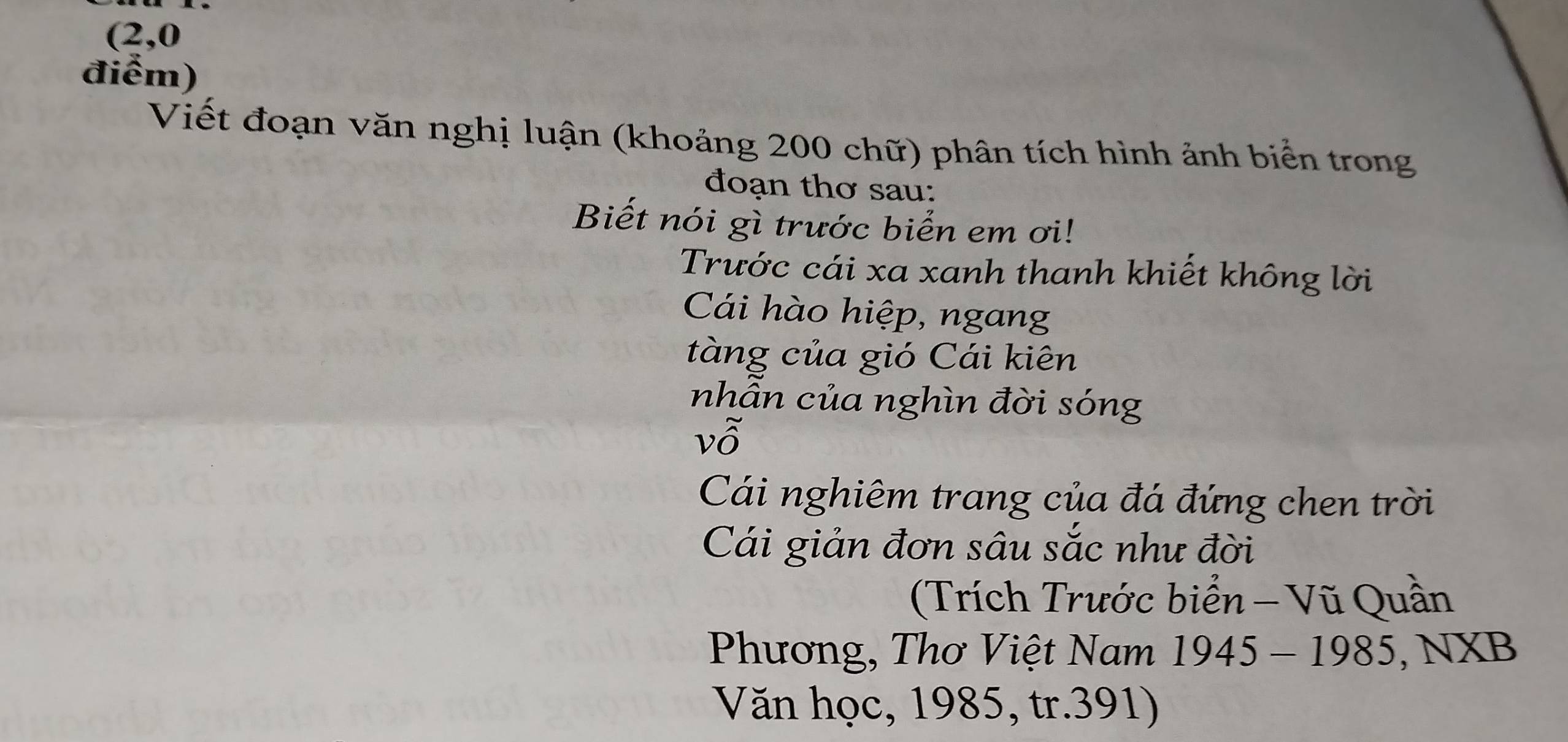 (2,0
điểm) 
Viết đoạn văn nghị luận (khoảng 200 chữ) phân tích hình ảnh biển trong 
đoạn thơ sau: 
Biết nói gì trước biển em ơi! 
Trước cái xa xanh thanh khiết không lời 
Cái hào hiệp, ngang 
tàng của gió Cái kiên 
nhẫn của nghìn đời sóng 
. vwidehat O
Cái nghiêm trang của đá đứng chen trời 
Cái giản đơn sâu sắc như đời 
(Trích Trước biển - Vũ Quần 
Phương, Thơ Việt Nam 1945-1985, NXB 
Văn học, 1985, tr. 391)