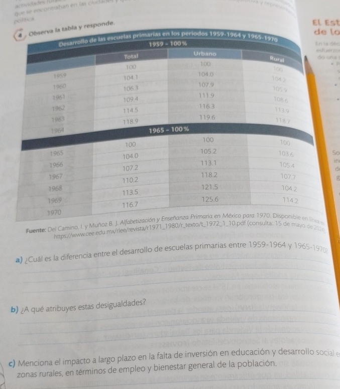 ue encontraba en  l  cl     
Na y reçrea
política
El Est
lo
déc
erio
na
So
in
d
g
Fuente: Del Camino, I. 
https://www.cee.edu.mx/rlee/revista/r1971_19 de 2024
_
_
a) ¿Cuál es la diferencia entre el desarrollo de escuelas primarias entre 1959-1964 y 19 2J=1 70
_
_
b) ¿A qué atribuyes estas desigualdades?
_
_
c) Menciona el impacto a largo plazo en la falta de inversión en educación y desarrollo social e
_
zonas rurales, en términos de empleo y bienestar general de la población.