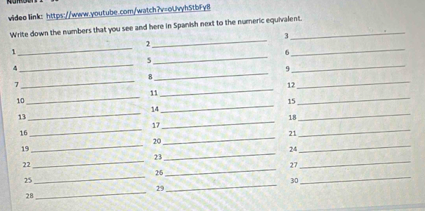 video link: https://www.youtube.com/watch?v=oUvyhStbFy8 
Write down the numbers that you see and here in Spanish next to the numeric equivalent. 
_ 
3 
_ 
_ 
2 
_ 
1 
6 
_ 
_ 
5 
_ 
4 
9 
_ 
_ 
8 
_ 
7 
12 
_ 
_ 
11 
10
15
14 
_ 
_ 
13 
_ 
18 
_ 
17 
16 
_ 
21 
_ 
20 
_ 
_ 
19 
_ 
24 
_ 
_ 
23 
22 
27 
_ 
26 
_ 
_ 
25 
_ 
30 
_ 
_ 
29 
28