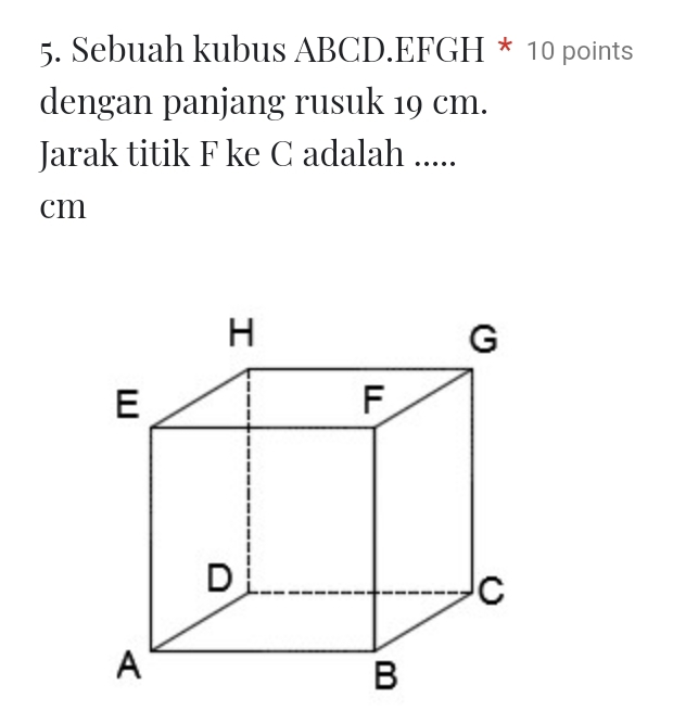 Sebuah kubus ABCD. EFGH * 10 points 
dengan panjang rusuk 19 cm. 
Jarak titik F ke C adalah .....
cm