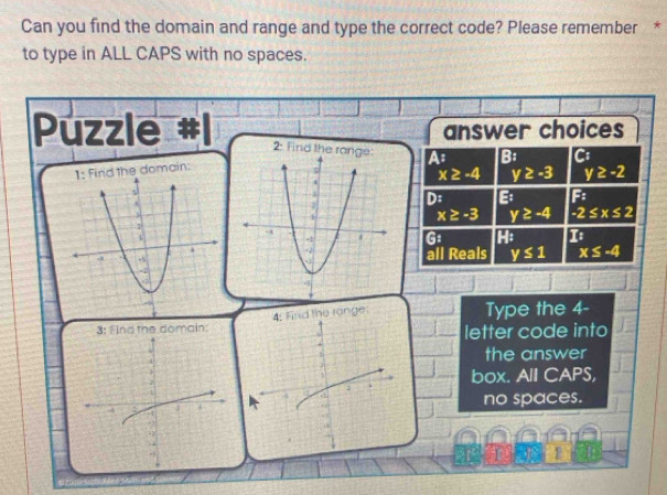 Can you find the domain and range and type the correct code? Please remember *
to type in ALL CAPS with no spaces.
answer choices
Puzzle 2: Find the rangeA: B; C:
in:
x≥ -4 y≥ -3 y≥ -2
D: B F:
x≥ -3
y≥ -4 -2≤ x≤ 2
G 16
all Reals y≤ 1 x≤ -4
3: Find the domain:
Type the 4 -
letter code into
the answer
box. All CAPS,
no spaces.
R