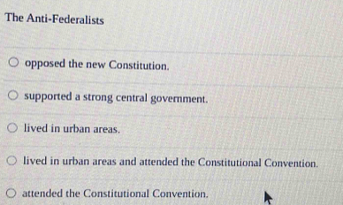 The Anti-Federalists
opposed the new Constitution.
supported a strong central government.
lived in urban areas.
lived in urban areas and attended the Constitutional Convention.
attended the Constitutional Convention.