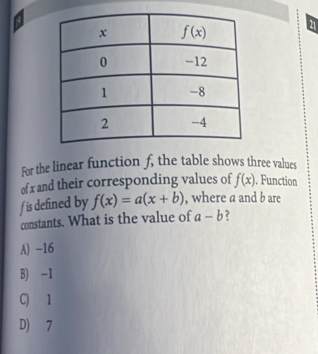 For the linear function f, the table shows three values
of x and their corresponding values of f(x). Function
f is defined by f(x)=a(x+b) , where a and b are
constants. What is the value of a-b 2
A) -16
B) -1
C) 1
D) 7