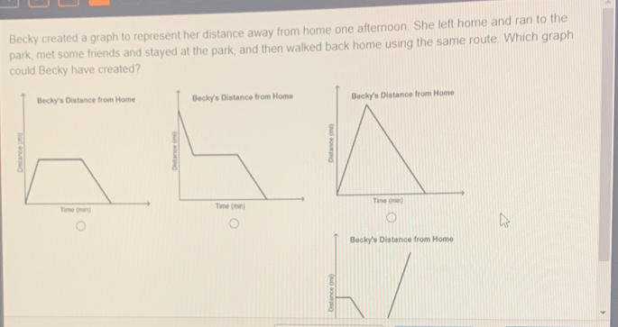 Becky created a graph to represent her distance away from home one afternoon. She left home and ran to the 
park, met some friends and stayed at the park, and then walked back home using the same route. Which graph 
could Becky have created? 

m Home