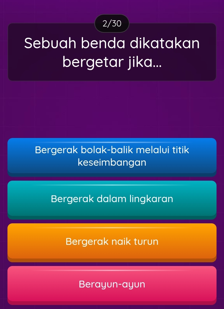 2/30
Sebuah benda dikatakan
bergetar jika...
Bergerak bolak-balik melalui titik
keseimbangan
Bergerak dalam lingkaran
Bergerak naik turun
Berayun-ayun