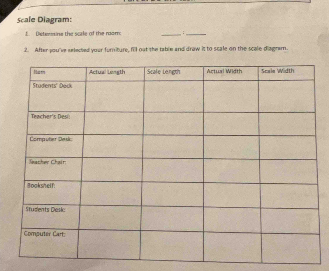 Scale Diagram: 
1. Determine the scale of the room: _:_ 
2. After you've selected your furniture, fill out the table and draw it to scale on the scale diagram.